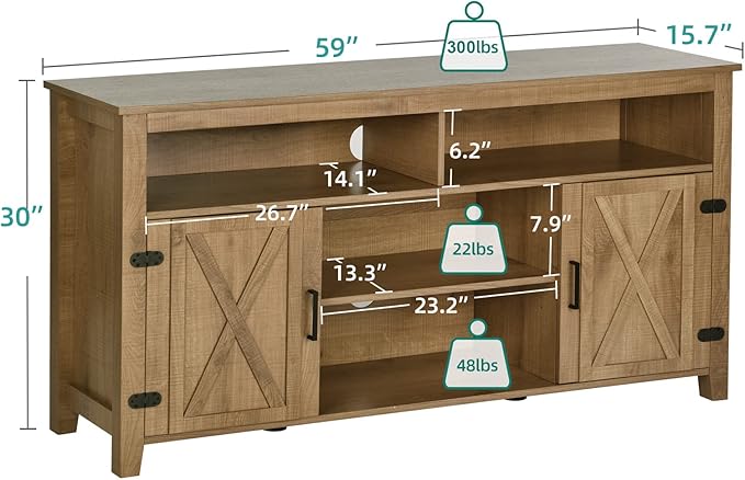 YITAHOME Highboy Farmhouse Barn Door TV Stand for 65 Inch TV, Modern Entertainment Center for 300 lbs, Rustic TV Media Console Storage TV Cabinet for Living Room, Barnwood, 59.5” - LeafyLoom