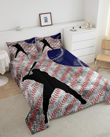 Erosebridal Baseball Comforter Set Queen for Boys Teen Baseball Athlete Bedding Set Kids Ball Games Sports Bed Comforter Sets Sport Baseball Quilt Duvet 2 Pillow Cases Retro Red Dark Blue White - LeafyLoom