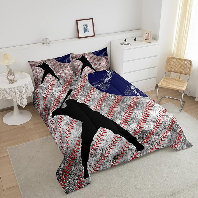 Erosebridal Baseball Comforter Set Queen for Boys Teen Baseball Athlete Bedding Set Kids Ball Games Sports Bed Comforter Sets Sport Baseball Quilt Duvet 2 Pillow Cases Retro Red Dark Blue White - LeafyLoom