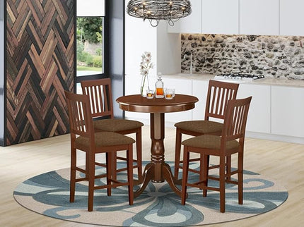 East West Furniture EDVN5-MAH-C Eden 5 Piece Counter Height Dining Set Includes a Round Wooden Table with Pedestal and 4 Linen Fabric Upholstered Chairs, 30x30 Inch - LeafyLoom