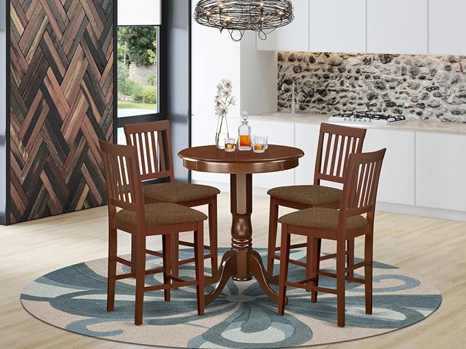 East West Furniture EDVN5-MAH-C Eden 5 Piece Counter Height Dining Set Includes a Round Wooden Table with Pedestal and 4 Linen Fabric Upholstered Chairs, 30x30 Inch - LeafyLoom