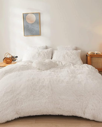 FOPPA Luxury Faux Fur Comforter Cover Set Ultra Soft Plush Bedding Sets 3 Pieces (1 Faux Fur Duvet Cover + 2 Faux Fur Pillow case) Zipper (White, Queen) - LeafyLoom