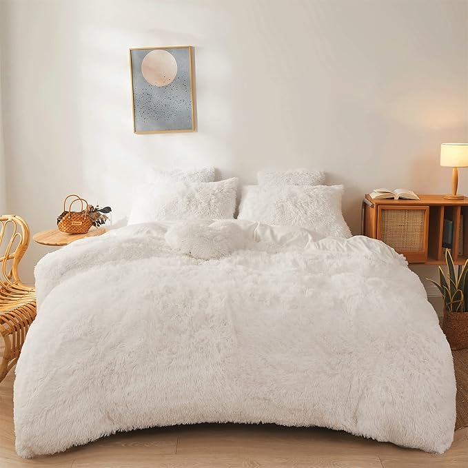 FOPPA Luxury Faux Fur Comforter Cover Set Ultra Soft Plush Bedding Sets 3 Pieces (1 Faux Fur Duvet Cover + 2 Faux Fur Pillow case) Zipper (White, Queen) - LeafyLoom