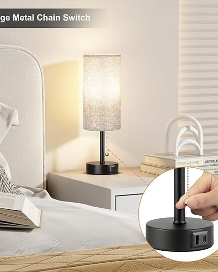 Grey Bedside Lamp for Bedroom Nightstand - Small Table Lamp with USB A + C Charging Port, 3 Color Temperatures Pull Chain Night Stand Light with Bulb, Side Table Desk Reading Lamp for Living Room - LeafyLoom