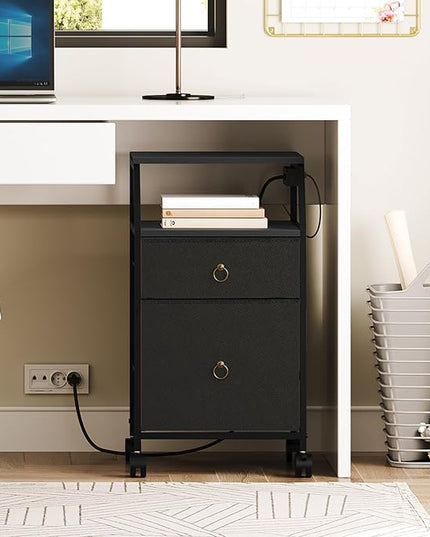 HOOBRO 2-Drawer Mobile File Cabinet, Filing Cabinet with Charging Station, Rolling Printer Stand with Open Storage Shelf, fits A4/Letter-Size for Home Office, Nonwovens Drawer, Black BB10UWJ01 - LeafyLoom