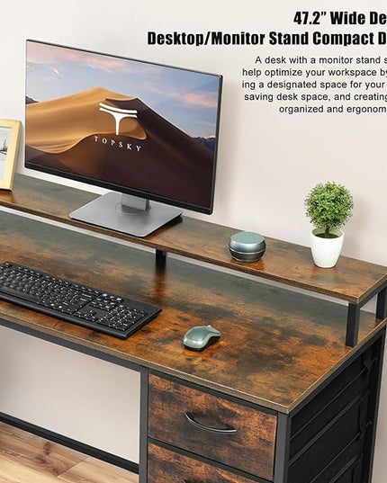 TOPSKY Compact Computer Desk with Storage Shelf/Cloth File Drawer for Letter Size/Monitor Stand Study Table for Home Office (Rustic Brown, 61.6 inch) - LeafyLoom