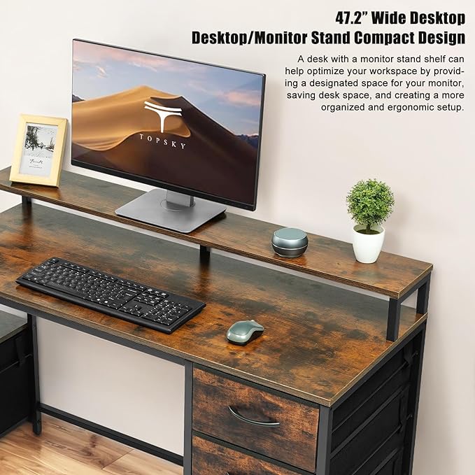 TOPSKY Compact Computer Desk with Storage Shelf/Cloth File Drawer for Letter Size/Monitor Stand Study Table for Home Office (Rustic Brown, 61.6 inch) - LeafyLoom