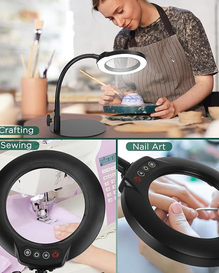 8X Magnifying Glass with Light and Stand, 5 Color Modes Stepless Dimmable Flexible Gooseneck Magnifying Desk Lamp, LED Lighted Magnifier Hands Free for Craft Reading Painting Close Work Hobby - LeafyLoom
