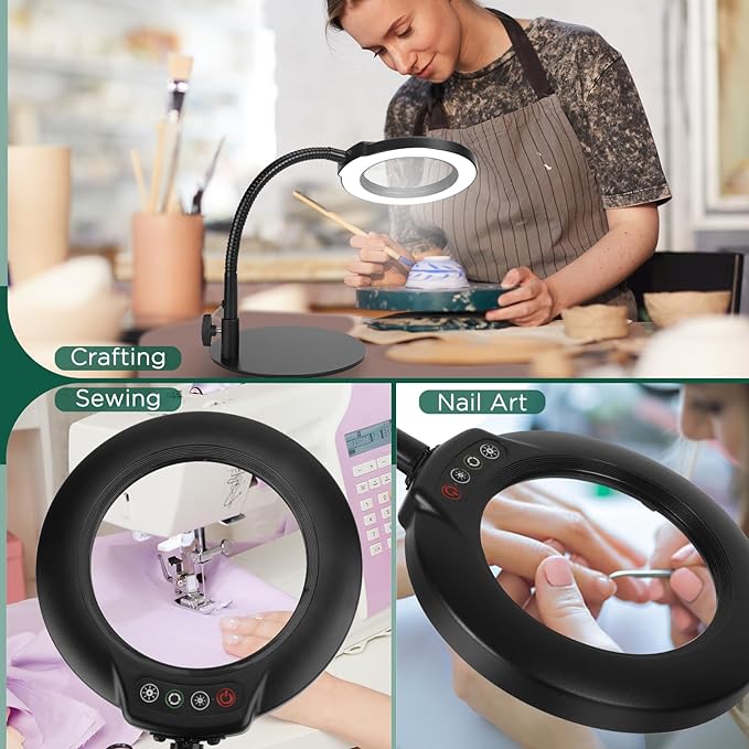 8X Magnifying Glass with Light and Stand, 5 Color Modes Stepless Dimmable Flexible Gooseneck Magnifying Desk Lamp, LED Lighted Magnifier Hands Free for Craft Reading Painting Close Work Hobby - LeafyLoom