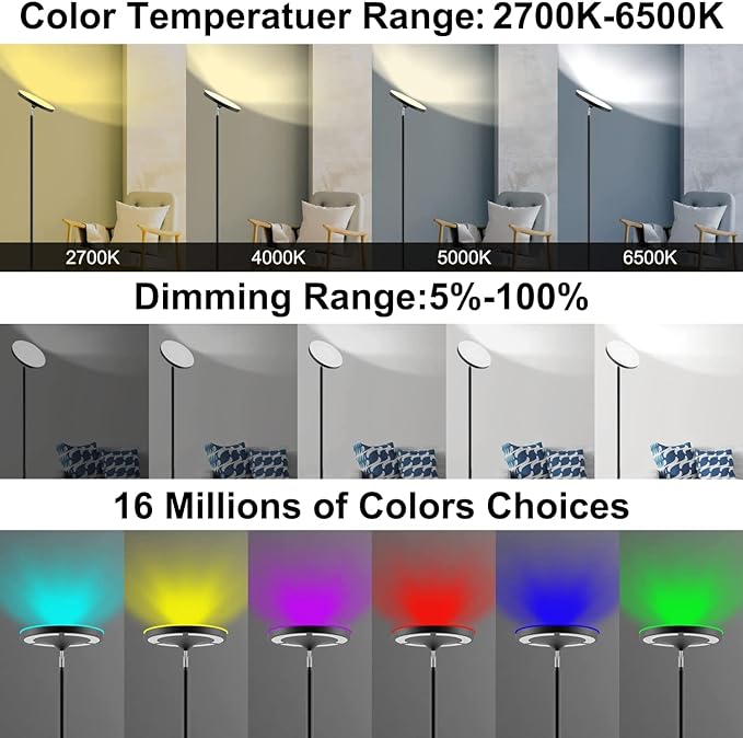 Keepsmile Double Side Lighting Led Floor Lamp with Remote Smart App 36W/2600LM Bright Tall Standing RGB Floor Lamp Angle Multicolor Dimmable Modern Floor Lamps for Livingroom Bedroom Office - LeafyLoom