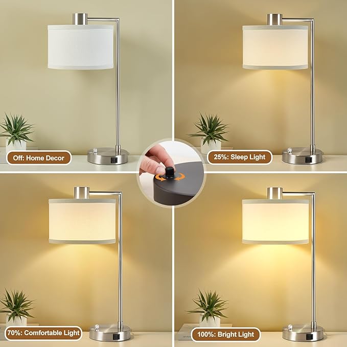 Luvkczc Table Lamp for Bedroom Set of 2 with USB C+A Ports - Fully Stepless Dimmable Bedside Lamp with Linen Lampshade - Contemporary Lamp for Living Room Reading Office, 2 LED Bulbs Included (Silver) - LeafyLoom