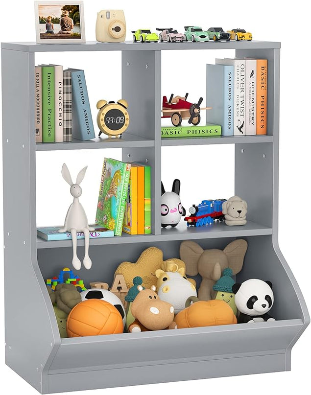 Aheaplus Toy Storage Organizer with Bookcase, 3 Cubby Bookshelf Toy Storage Cabinet, Open Multi-Bins Toys&Books Storage Display Organizer for Playroom, Bedroom, Nursery, School, Grey - LeafyLoom