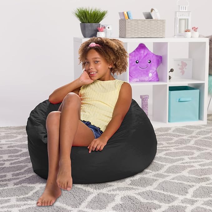 Posh Creations Structured Comfy Seat for Playrooms and Bedrooms, Large Bean Bag Chair, 100in Round Classic Bean Bag, Black - LeafyLoom