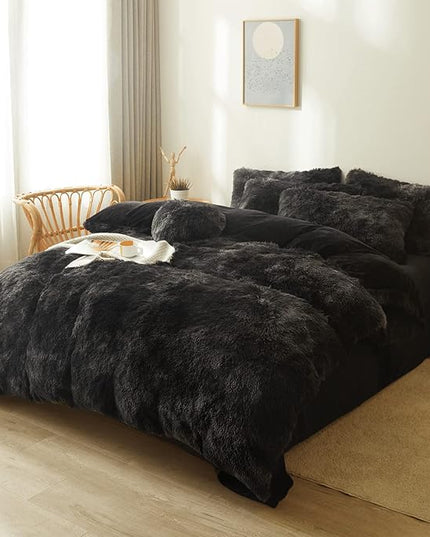 Tie dye Black Plush Fluffy Comforter Cover Set Queen - Ultra Soft Faux Fur tie dye Bedding Sets 3 Pieces (1 Shaggy Duvet Cover + 2 Pillow case) Black Fluffy Bed Set (Tie Dye Black, Queen) - LeafyLoom
