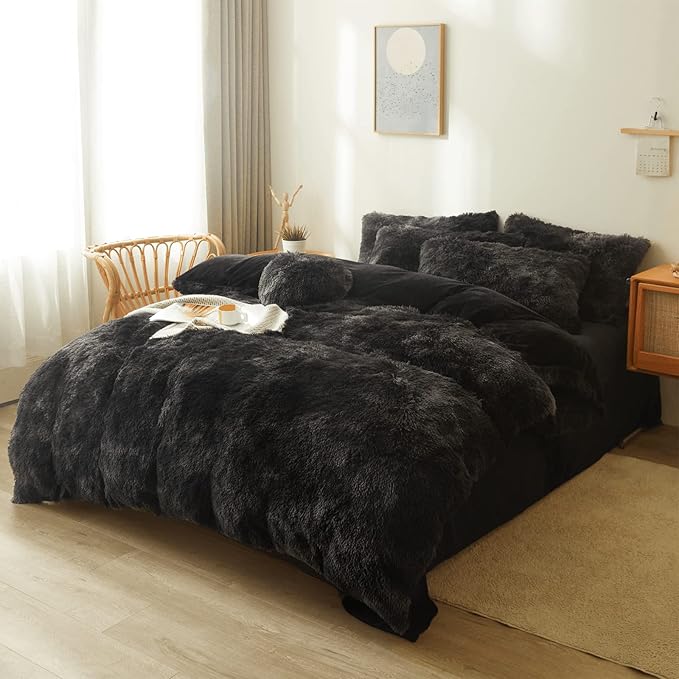 Tie dye Black Plush Fluffy Comforter Cover Set Queen - Ultra Soft Faux Fur tie dye Bedding Sets 3 Pieces (1 Shaggy Duvet Cover + 2 Pillow case) Black Fluffy Bed Set (Tie Dye Black, Queen) - LeafyLoom