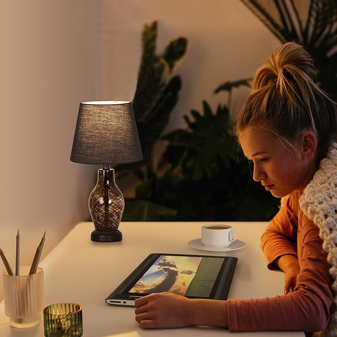 Small Bedside Table Lamp Set of 2, Wine Bottle Shape Glass Body, Warm Ambient Lighting, Bulb Included, 14" Height, Black - LeafyLoom