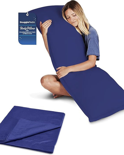 Snuggle-Pedic Body Pillow for Adults w/Navy Pillowcase - Pregnancy Pillows w/Shredded Memory Foam - Firm Maternity Side Sleeper Pillow for Adults - Long Cuddle Pillow for Bed - 20x54 - LeafyLoom