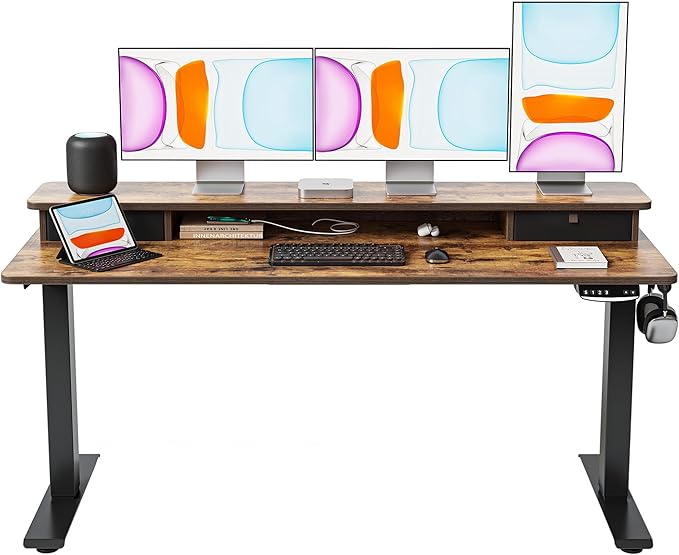 BANTI 60x24 Inch Electric Standing Desk with Double Drawers, Adjustable Height Stand Up Desk, Sit Stand Home Office Desk with Storage Shelf, Rustic Brown Top - LeafyLoom
