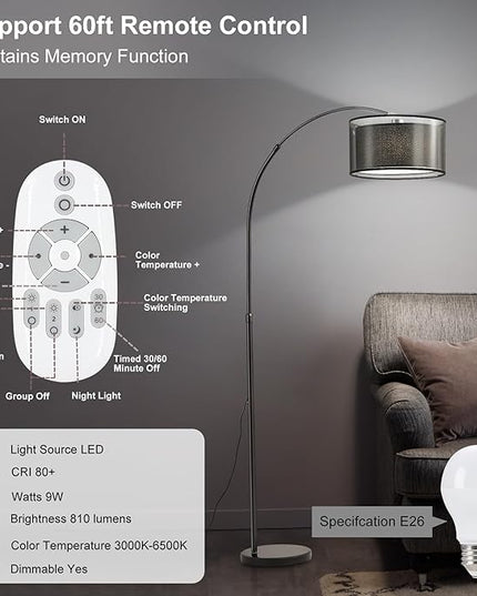 73" H Arc Floor Lamp with Remote Control, E26 40Watts LED Bulb, Stepless Color Temperature & Brightness Control, 30/60Mins Timer Function, Adjustable Height & Width for Living Room(Black) - LeafyLoom