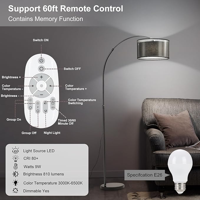 73" H Arc Floor Lamp with Remote Control, E26 40Watts LED Bulb, Stepless Color Temperature & Brightness Control, 30/60Mins Timer Function, Adjustable Height & Width for Living Room(Black) - LeafyLoom