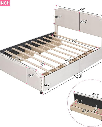 Queen Size Bed Frame with 4 Storage Drawers, Elegant Velvet Upholstered Platform Bed with Stud Trim Headboard and Footboard, Bedroom Furniture, No Box Spring Needed, Beige - LeafyLoom