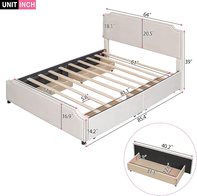 Queen Size Bed Frame with 4 Storage Drawers, Elegant Velvet Upholstered Platform Bed with Stud Trim Headboard and Footboard, Bedroom Furniture, No Box Spring Needed, Beige - LeafyLoom