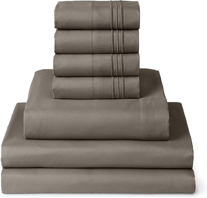 Mellanni Split King Sheets Set - 7 PC Iconic Collection Bedding Sheets & Pillowcases - Ultra Soft, Cooling Bed Sheets - Deep Pocket up to 16 inch - 7 PC (Split King, Dark Taupe w/Extra Pillow Cases) - LeafyLoom