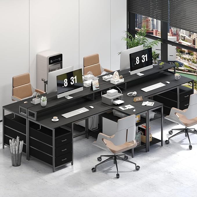 L Shaped Desk with 3 Drawer & 3 Open Shelf, Computer Desk with LED Lights & Power Outlets, Home Office Desk with Reversible Storage Shelves & Monitor Stand, Corner Desk for Small Space - LeafyLoom