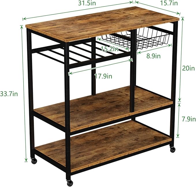 SogesGame Kitchen Cart Kitchen Baker's Rack, 3-Tier Vintage Serving Cart with Wheels Utility Cart Microwave Stand Storage Shelf Coffee Cart for Kitchen Coffee Station - LeafyLoom