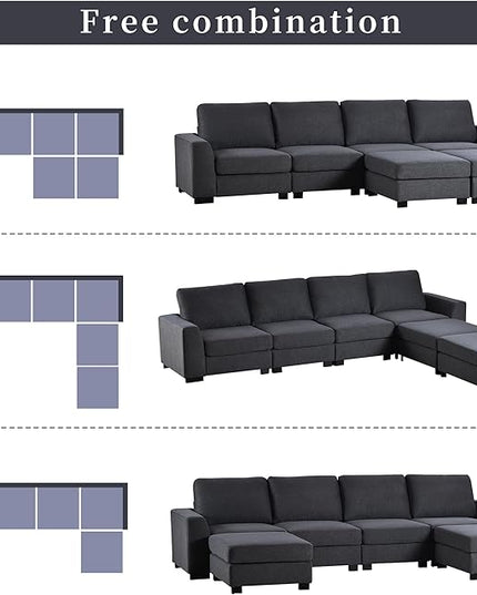 130.7" Large Sectional Sofa with Removable Ottomans, 3-Pieces Modular Upholstered Couch w/Double Chaise Lounges for Living Room Apartment Home,Spacious Space, 130.7 Inch, Gray - LeafyLoom