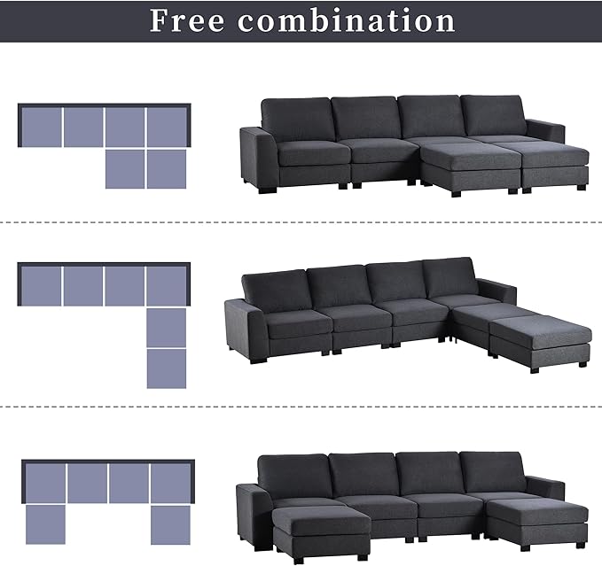 130.7" Large Sectional Sofa with Removable Ottomans, 3-Pieces Modular Upholstered Couch w/Double Chaise Lounges for Living Room Apartment Home,Spacious Space, 130.7 Inch, Gray - LeafyLoom