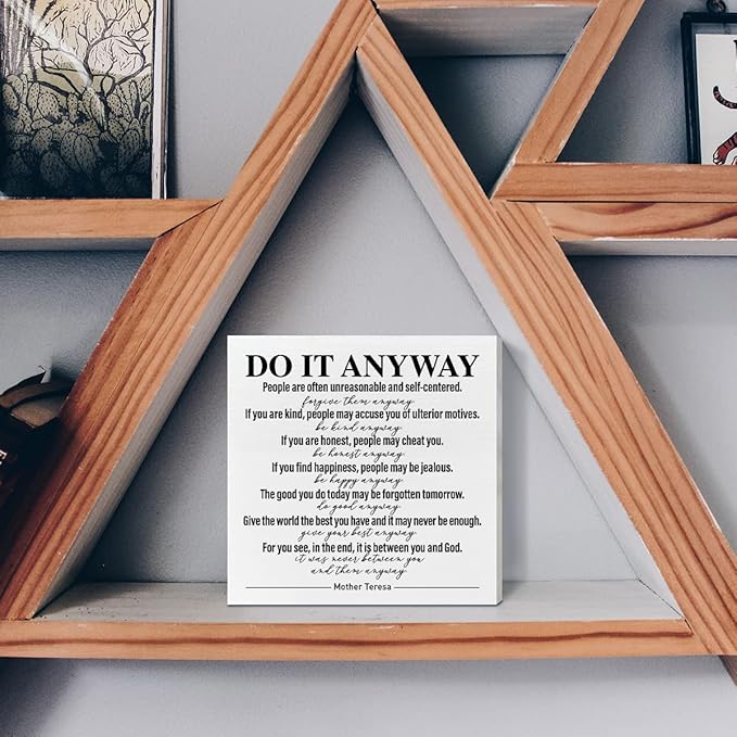 Home Office Desk Wooden Box Sign Decor, Do It Anyway, Inspirational Quotes Desk Decor Motivational Desk Decorations for Women Men Student Therapist Office Classroom School Counselor - LeafyLoom