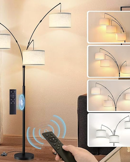 Arc Floor Lamp for Living Room with Remote Control, Dimmable Modern Mid Century 3 Lights Arched Tall Floor Lamp, Adjustable Standing Corner Lamp for Living Room Bedroom Office, Beige Lampshad (Black) - LeafyLoom