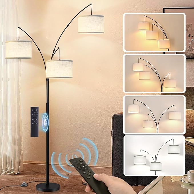 Arc Floor Lamp for Living Room with Remote Control, Dimmable Modern Mid Century 3 Lights Arched Tall Floor Lamp, Adjustable Standing Corner Lamp for Living Room Bedroom Office, Beige Lampshad (Black) - LeafyLoom
