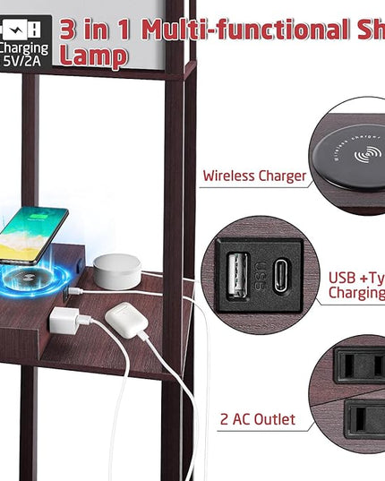 Floor Lamp with Wireless Charger, Modern Shelves Floor Lamp with USB A+C Ports & 2 AC Outlets,3 Color Temperature Corner Floor Lamps for Living Room Bedroom Office - LeafyLoom