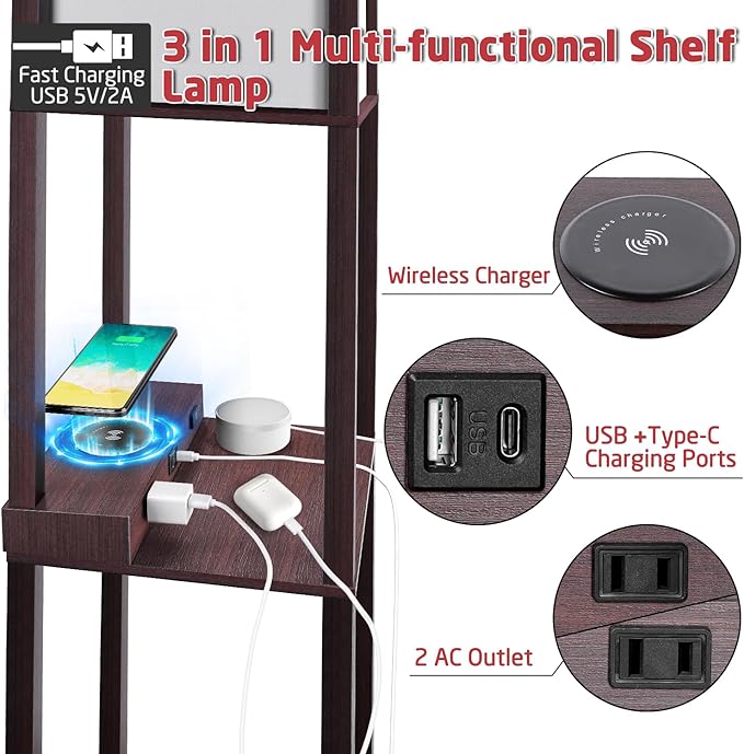 Floor Lamp with Wireless Charger, Modern Shelves Floor Lamp with USB A+C Ports & 2 AC Outlets,3 Color Temperature Corner Floor Lamps for Living Room Bedroom Office - LeafyLoom