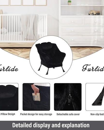 Lazy Chair with Ottoman, Modern Chair with Folding Footrest, Lounge Accent Chair, Comfortable Reading Chair for Bedroom, Study, Living Room, Small Space (Plush Black) - LeafyLoom