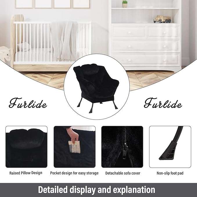 Lazy Chair with Ottoman, Modern Chair with Folding Footrest, Lounge Accent Chair, Comfortable Reading Chair for Bedroom, Study, Living Room, Small Space (Plush Black) - LeafyLoom