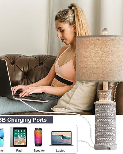 BOBOMOMO USB A+C 3-Way Dimmable Touch Control Table Lamp Set of 1 Vintage Rustic Farmhouse Traditional Nightstand Bedside Lamps(1 Bulb Included) - LeafyLoom