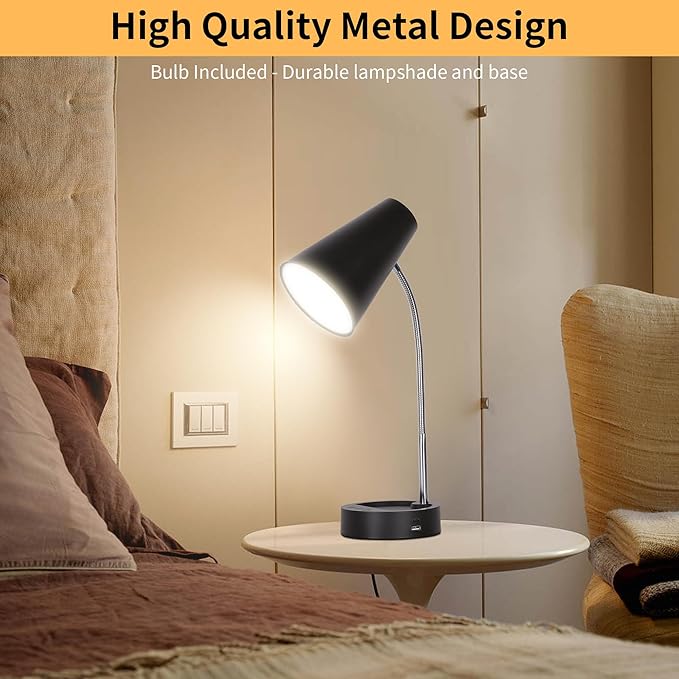 RUNTOP Desk Lamp, Black Desk Lamps for Home Office, LED Desk Light with USB Port and Type C Port, 5 Brightness Levels, 5 Color Temperatures, Flexible Gooseneck Desk Lamp, Table Lamp for Reading Study - LeafyLoom