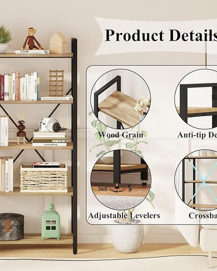 FATORRI 5 Tier Bookshelf, Industrial Wood and Metal Book Shelves for Display, Tall Etagere Bookcase and Rustic Shelving Unit (Rustic Oak) - LeafyLoom