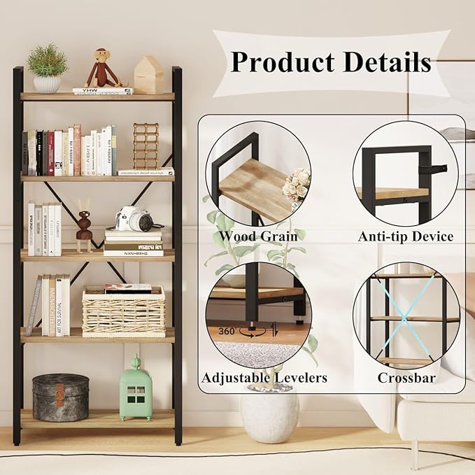 FATORRI 5 Tier Bookshelf, Industrial Wood and Metal Book Shelves for Display, Tall Etagere Bookcase and Rustic Shelving Unit (Rustic Oak) - LeafyLoom