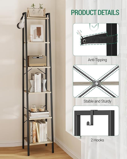 Ladder Shelf, Bookshelf Bookcase, Freestanding Corner Storage Shelve with 2 Hooks for Home Office, Living Room, Kitchen, Bedroom, Industrial, 6-Tier Greige BC13305B - LeafyLoom