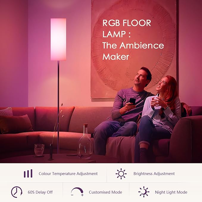 Floor Lamps for Living Room, Modern Floor Lamp with RGB LEDs Bulb,Standing Floor Lamp with App Control & Remote Control,Tall Reading Lamp for Bedroom, Living Room, White lampshade - LeafyLoom