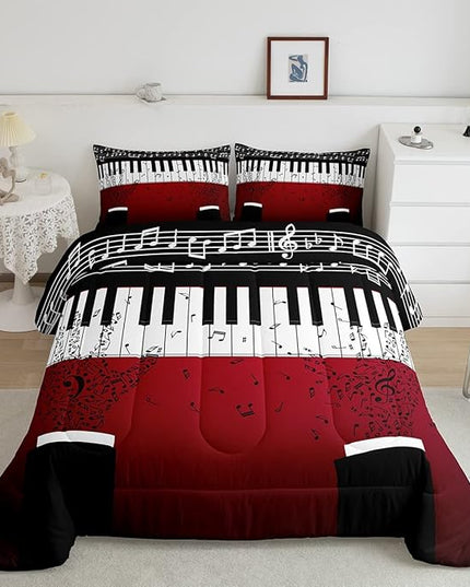 Erosebridal Music Notes Comforter Set for Kids Boys Teens Men Piano Keys Down Comforter King Size Rock Musical Bedding Set Play Piano Duvet Sets Music Bedroom Decor with 2 Pillow Cases Red Black - LeafyLoom
