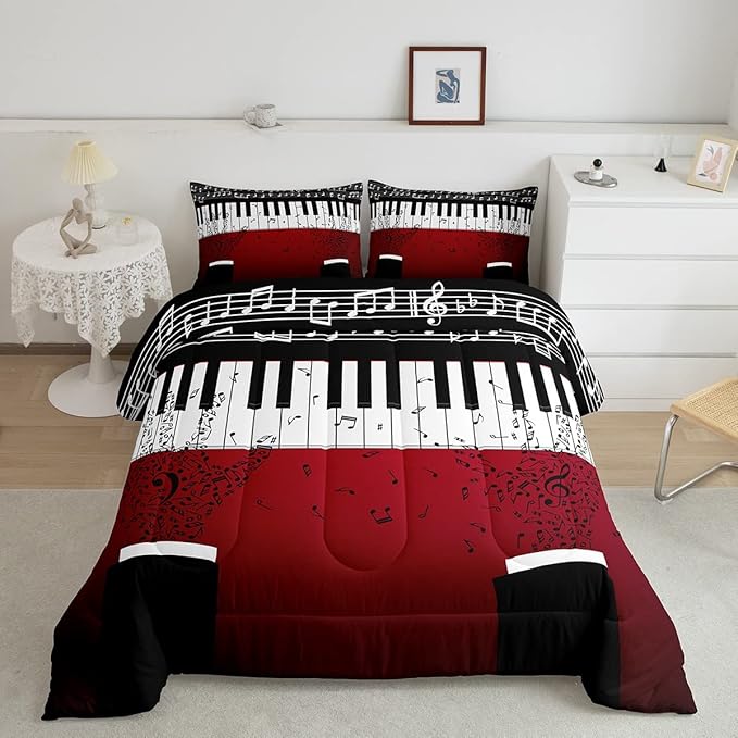Erosebridal Music Notes Comforter Set for Kids Boys Teens Men Piano Keys Down Comforter King Size Rock Musical Bedding Set Play Piano Duvet Sets Music Bedroom Decor with 2 Pillow Cases Red Black - LeafyLoom
