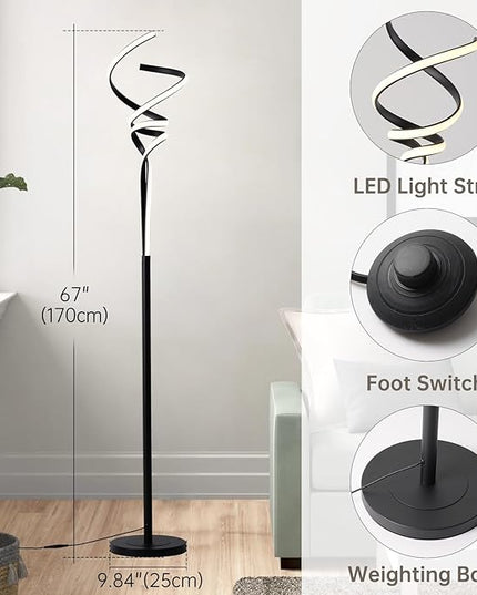 Modern Spiral Floor Lamps for Living Room, LED Spiral Floor Lamp 48W Tall Standing Lamp Timing 63"-67" Adjustable Height 3 Color Dimable Corner Black Floor Lamps for Bedroom Office - LeafyLoom