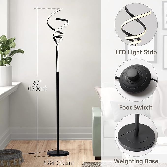 Modern Spiral Floor Lamps for Living Room, LED Spiral Floor Lamp 48W Tall Standing Lamp Timing 63"-67" Adjustable Height 3 Color Dimable Corner Black Floor Lamps for Bedroom Office - LeafyLoom