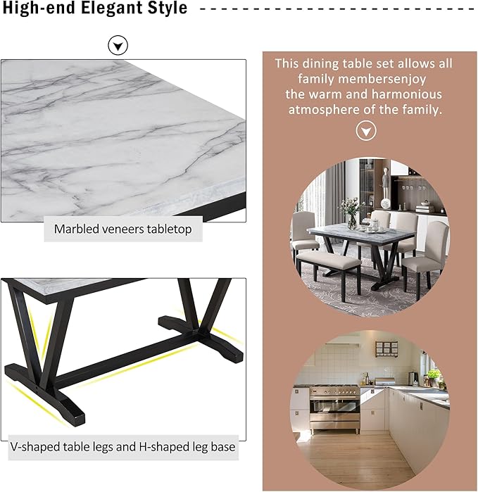 Modern Style 6-Piece Dining 4 Chairs & 1 Bench, Solid Wood Frame w/Marbled Veneers Tabletop and V-shaped Table-Legs, for Diningroom, Living Room, and Kitchen, Brown+Black - LeafyLoom