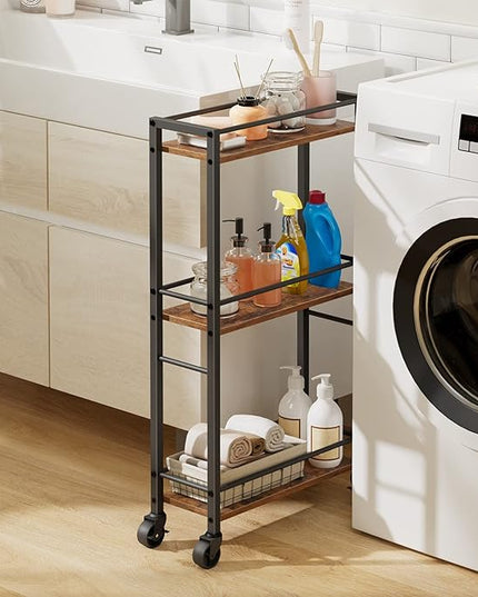 Slim Rolling Cart, Mobile Kitchen Cart on Wheels, Narrow Storage Cart for Small Space, Wooden Service Cart, for Bathroom, Laundry, Living Room, Rustic Brown RCHR1501Z - LeafyLoom